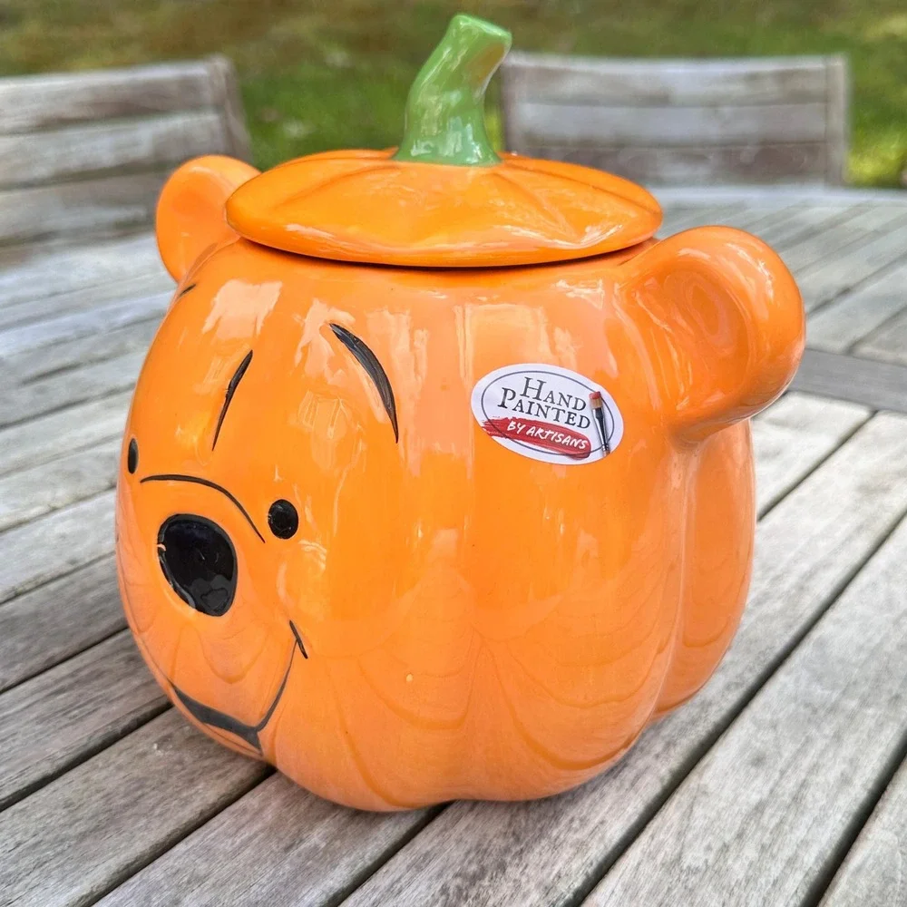 Disney Winnie the Pooh Pumpkin Cookie Jar Zrike Brands Hand Painted Orange 10in